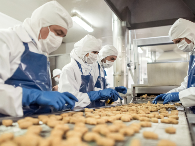 Food preparation staff working in a production kitchen